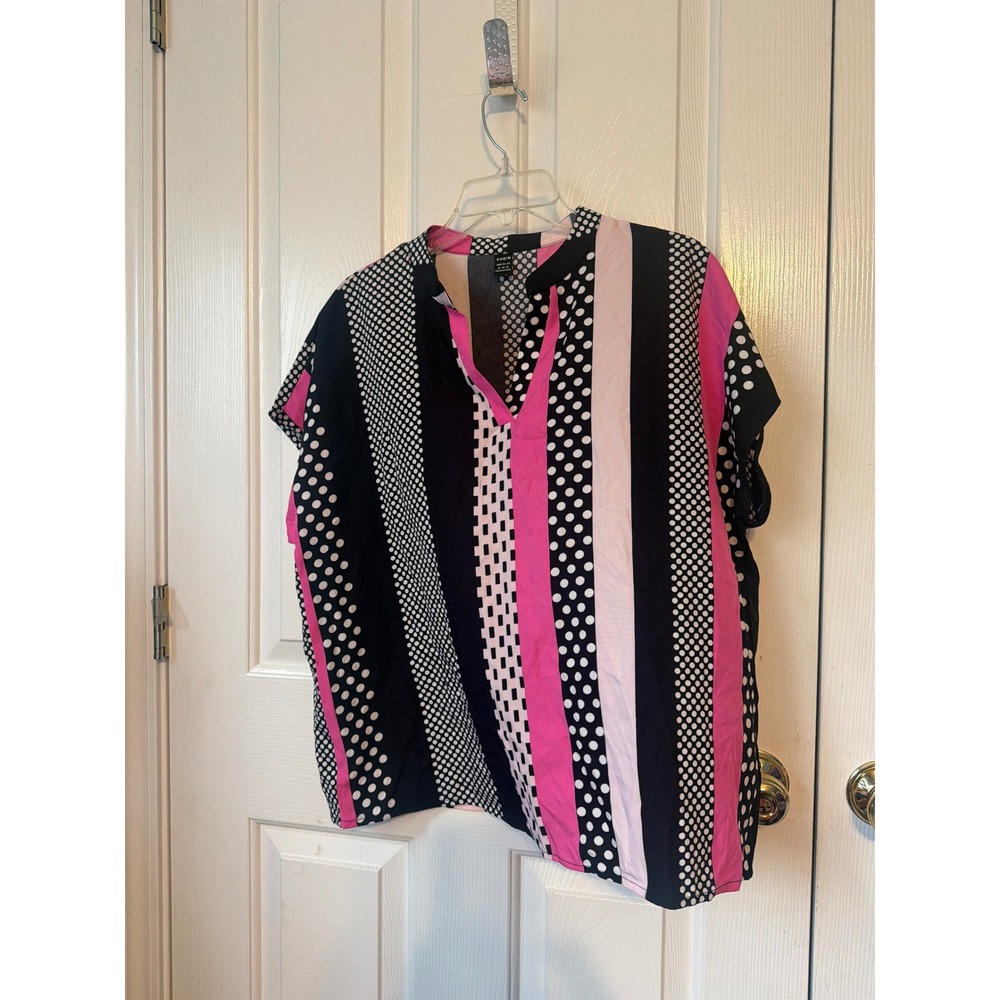 SHEIN Pink Black White Polka Dot Striped V-Neck Blouse XL